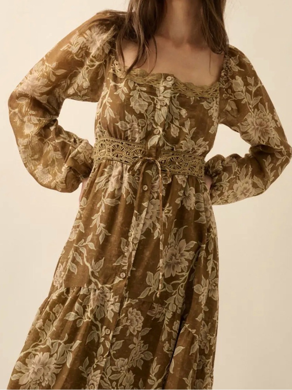 NWT Promesa Floral Boho Print Bubble Sleeve Maxi High Low Button Front Dress - Picture 6 of 9